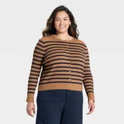 Women's Ribbed Cuff Cardigan Sweater - A New Day™ Brown/Navy Striped XXL