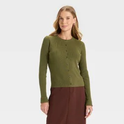 Women's Ribbed Cuff Cardigan Sweater - A New Day™ Olive L