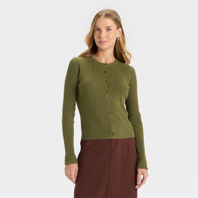 slide 1 of 3, Women's Ribbed Cuff Cardigan Sweater - A New Day™ Olive XL, 1 ct