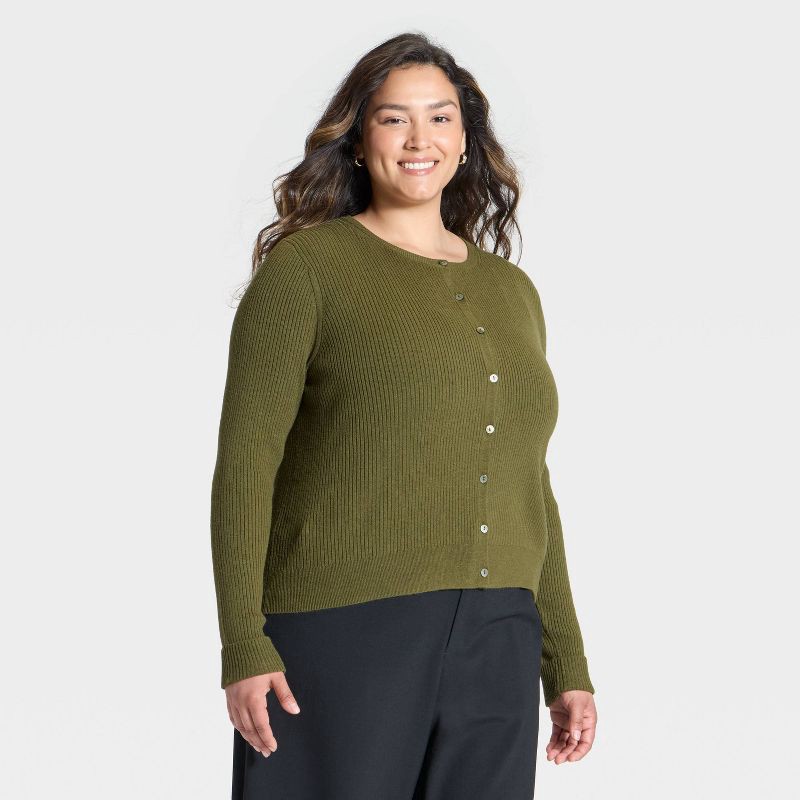 slide 1 of 3, Women's Ribbed Cuff Cardigan Sweater - A New Day™ Olive XXL, 1 ct