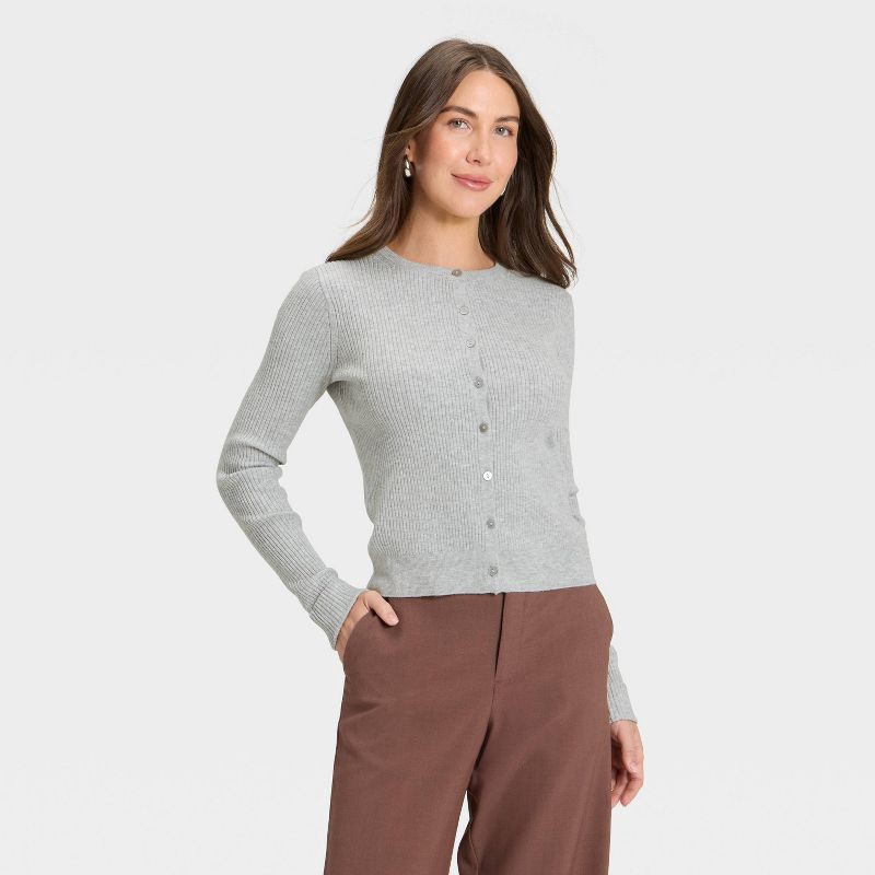slide 1 of 3, Women's Ribbed Cuff Cardigan Sweater - A New Day™ Heather Gray XS, 1 ct
