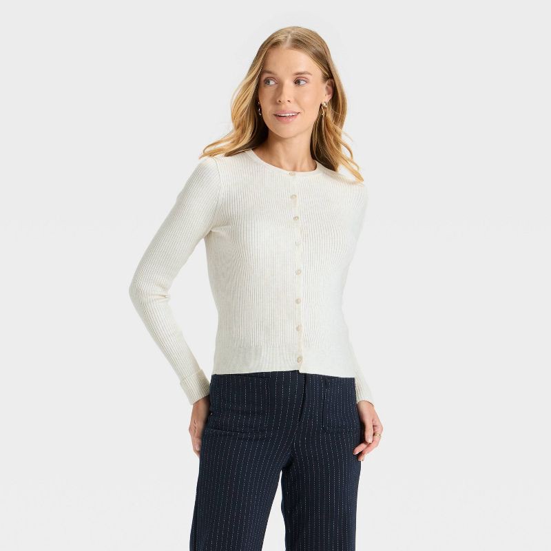 slide 1 of 3, Women's Ribbed Cuff Cardigan Sweater - A New Day™ Oatmeal XL, 1 ct