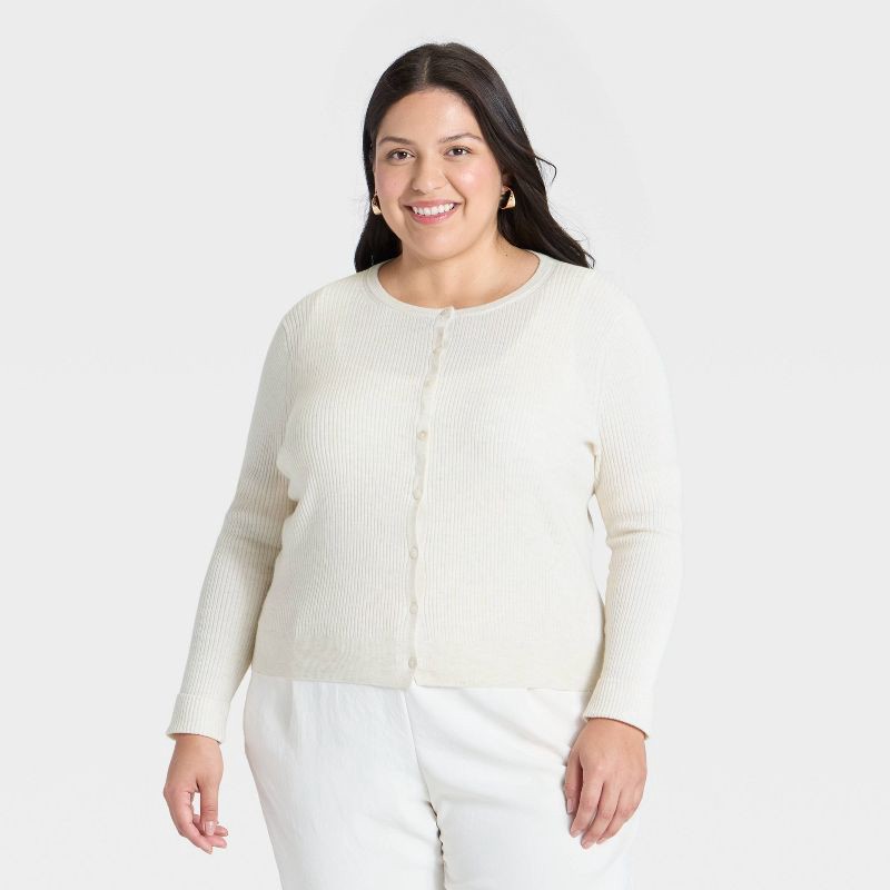 slide 1 of 3, Women's Ribbed Cuff Cardigan Sweater - A New Day™ Oatmeal XXL, 1 ct