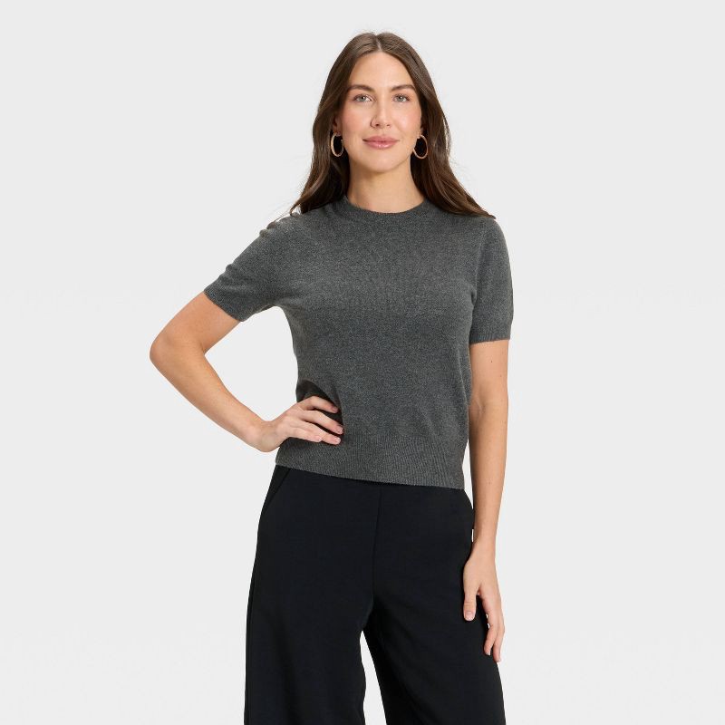 slide 1 of 3, Women's Short Sleeve Cozy Knit Sweater - A New Day™ Charcoal Gray L, 1 ct