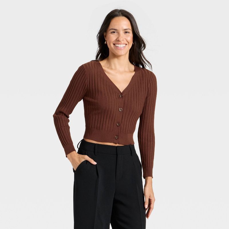 slide 1 of 3, Women's Button-Front Cardigan - A New Day™ Brown XL, 1 ct