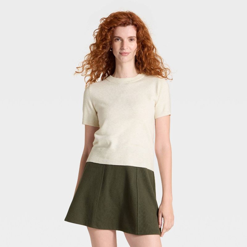 slide 1 of 3, Women's Short Sleeve Cozy Knit Sweater - A New Day™ Oatmeal XL, 1 ct