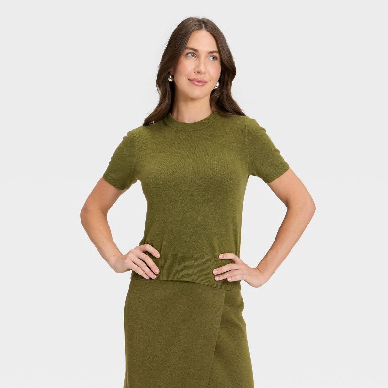 slide 1 of 3, Women's Short Sleeve Cozy Knit Sweater - A New Day™ Green L, 1 ct