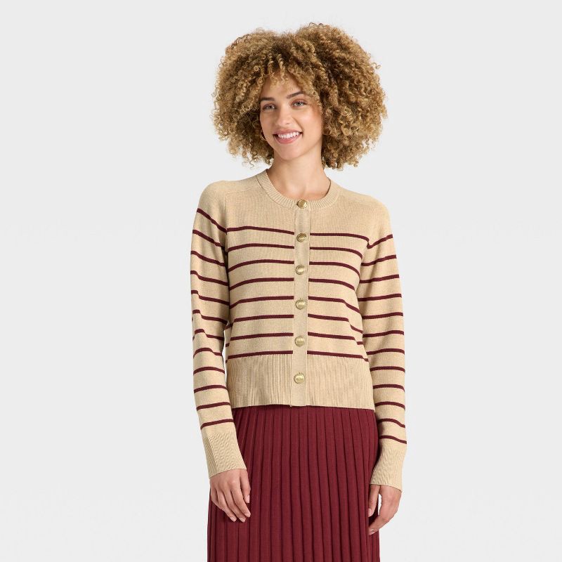 slide 1 of 3, Women's Lady Jacket Cardigan Sweater - A New Day™ Taupe/Burgundy Striped XS, 1 ct