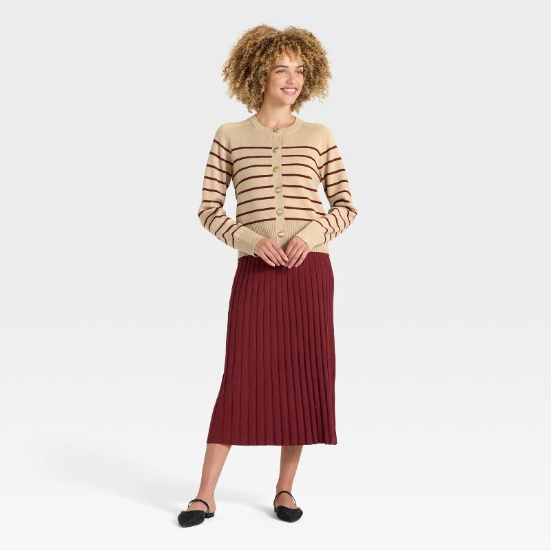 slide 3 of 3, Women's Lady Jacket Cardigan Sweater - A New Day™ Taupe/Burgundy Striped S, 1 ct