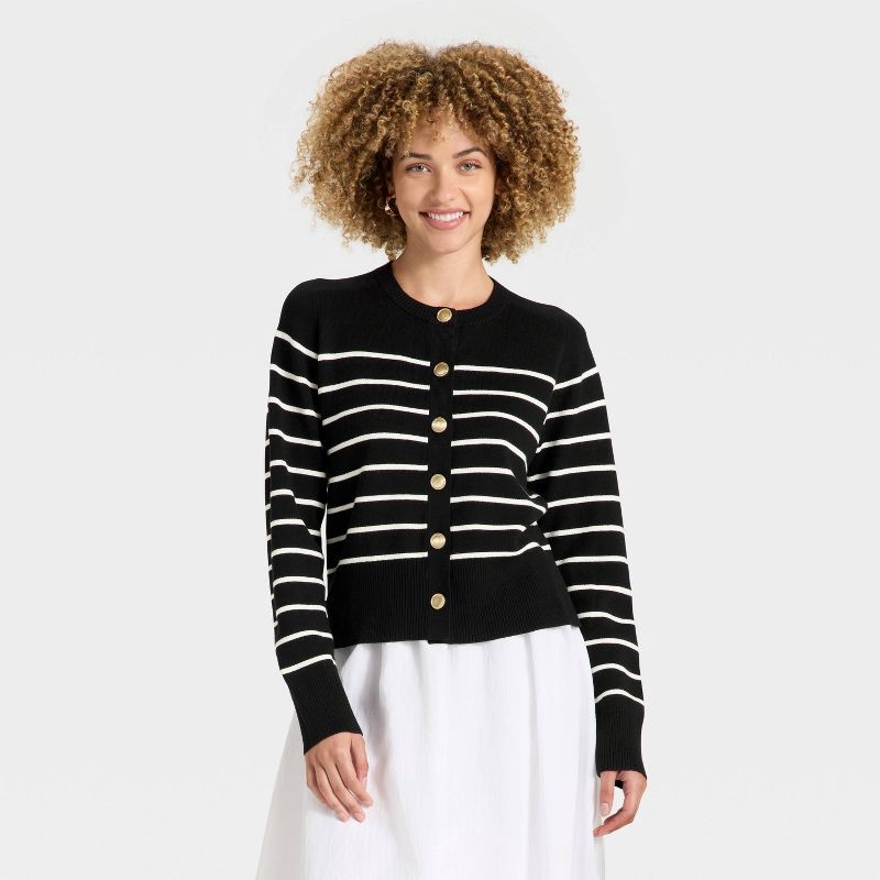 slide 1 of 3, Women's Lady Jacket Cardigan Sweater - A New Day™ Black/White Striped L, 1 ct