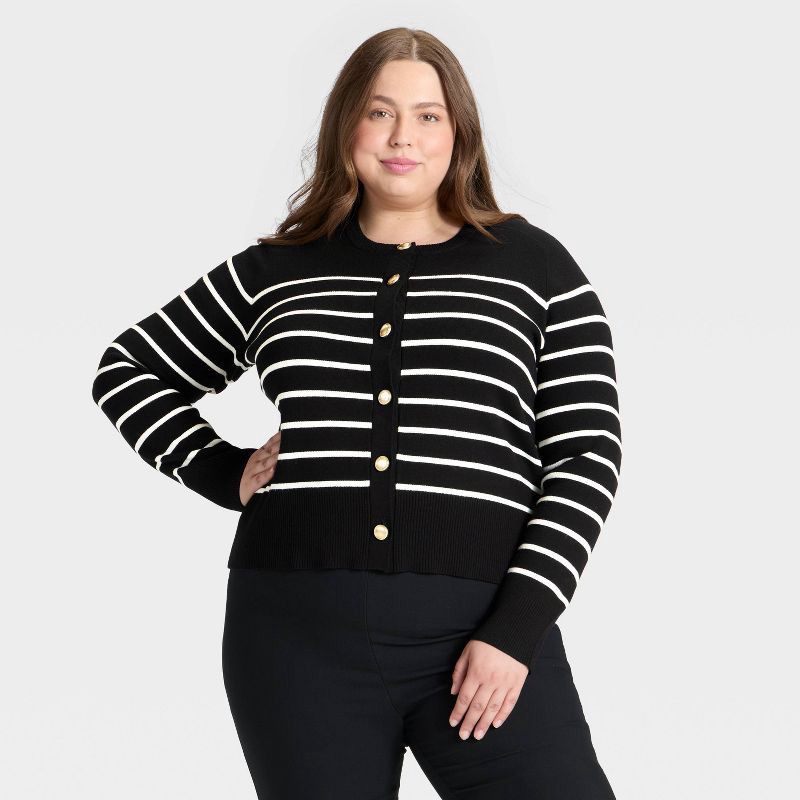 slide 1 of 3, Women's Lady Jacket Cardigan Sweater - A New Day™ Black/White Striped XXL, 1 ct