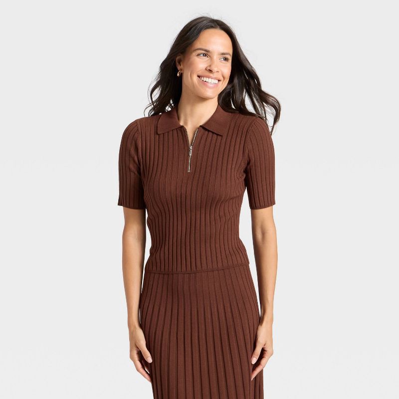 slide 1 of 3, Women's Half Zip Pullover Sweater - A New Day™ Brown XL, 1 ct