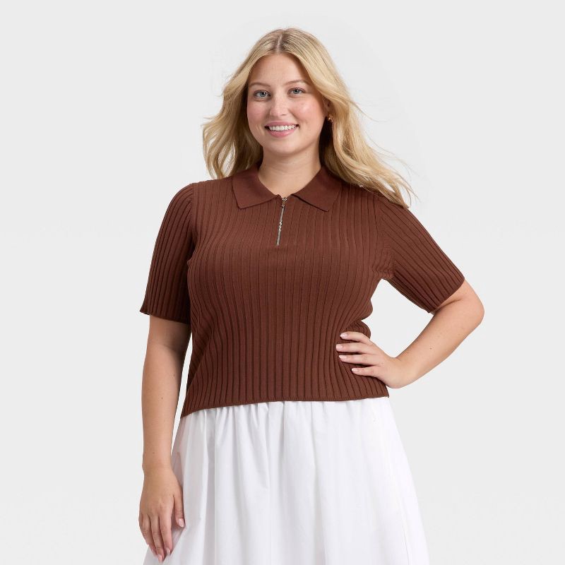 slide 1 of 3, Women's Half Zip Pullover Sweater - A New Day™ Brown XXL, 1 ct