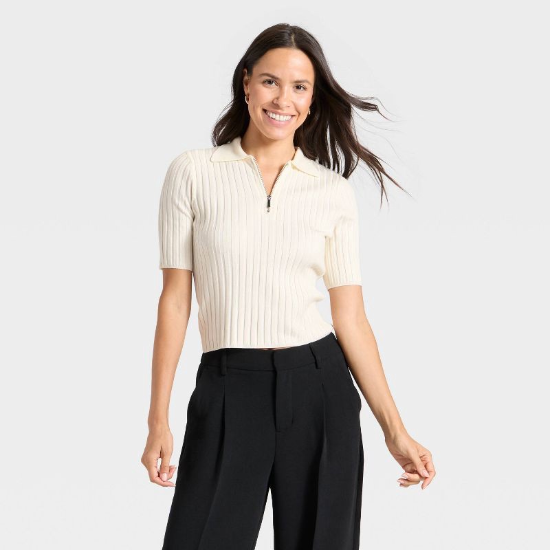 slide 1 of 3, Women's Half Zip Pullover Sweater - A New Day™ Cream L, 1 ct