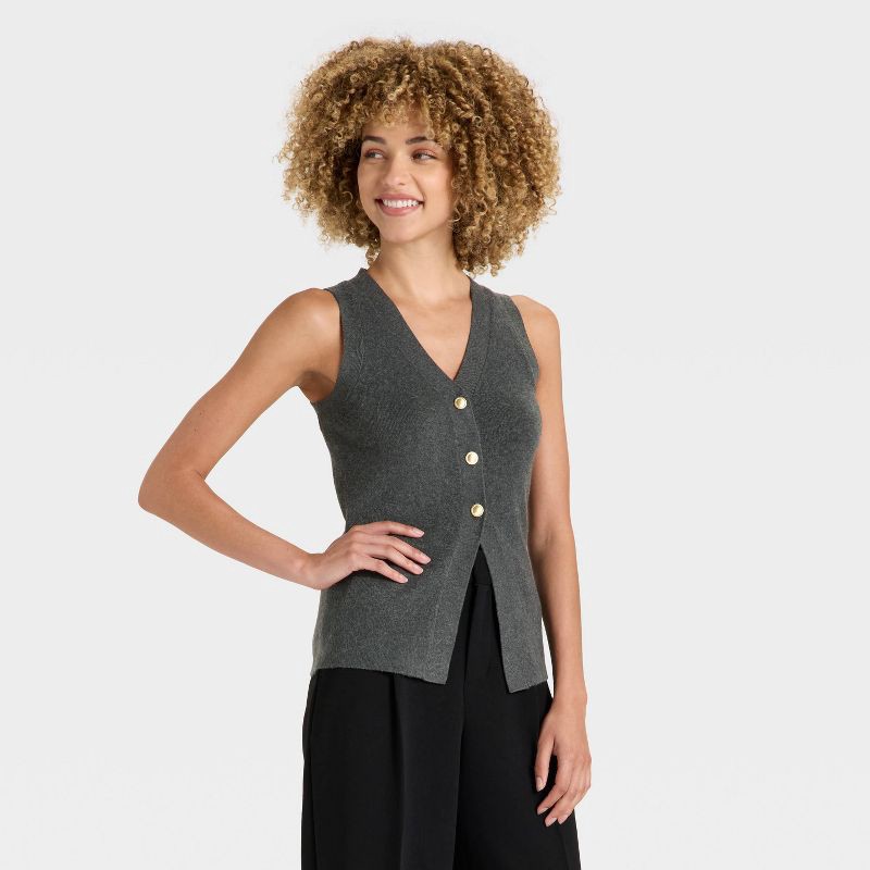 slide 1 of 3, Women's Button Sweater Vest - A New Day™ Charcoal Gray L, 1 ct