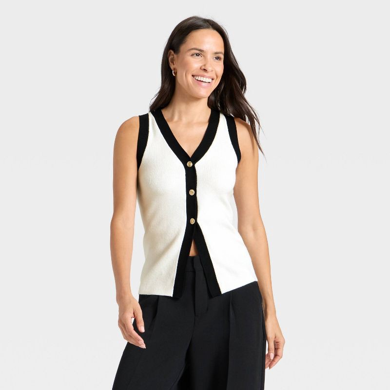 slide 1 of 3, Women's Button Sweater Vest - A New Day™ Cream/Black L, 1 ct