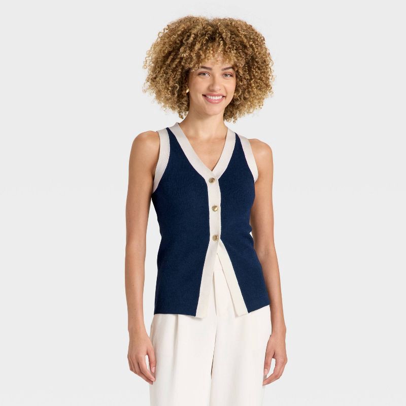 slide 1 of 3, Women's Button Sweater Vest - A New Day™ Navy/Cream XL, 1 ct