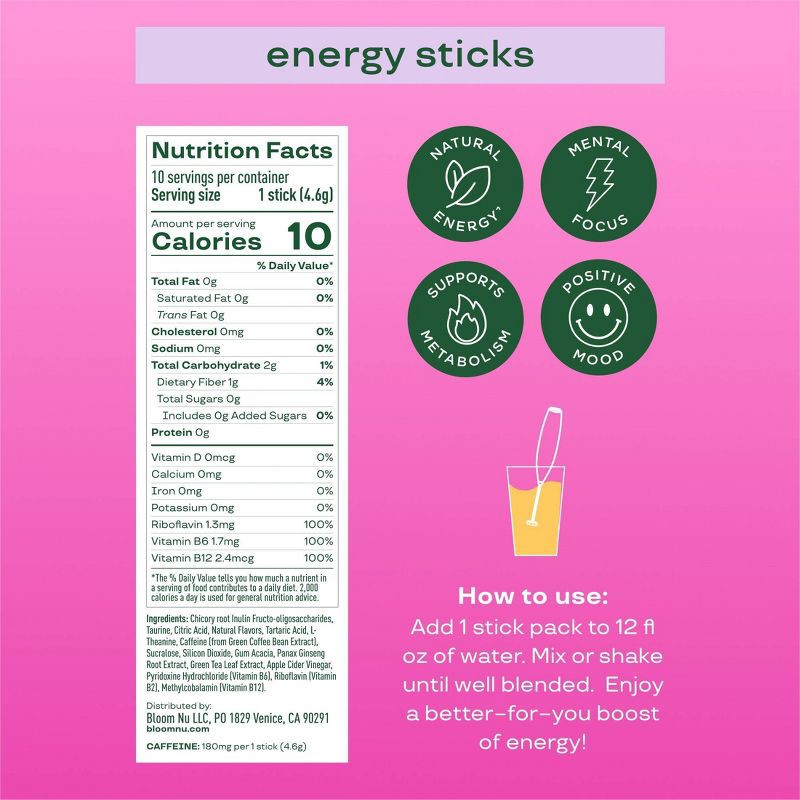 slide 4 of 4, BLOOM NUTRITION Natural Energy Stick Packs - Raspberry Lemon - 10pk, 10 ct