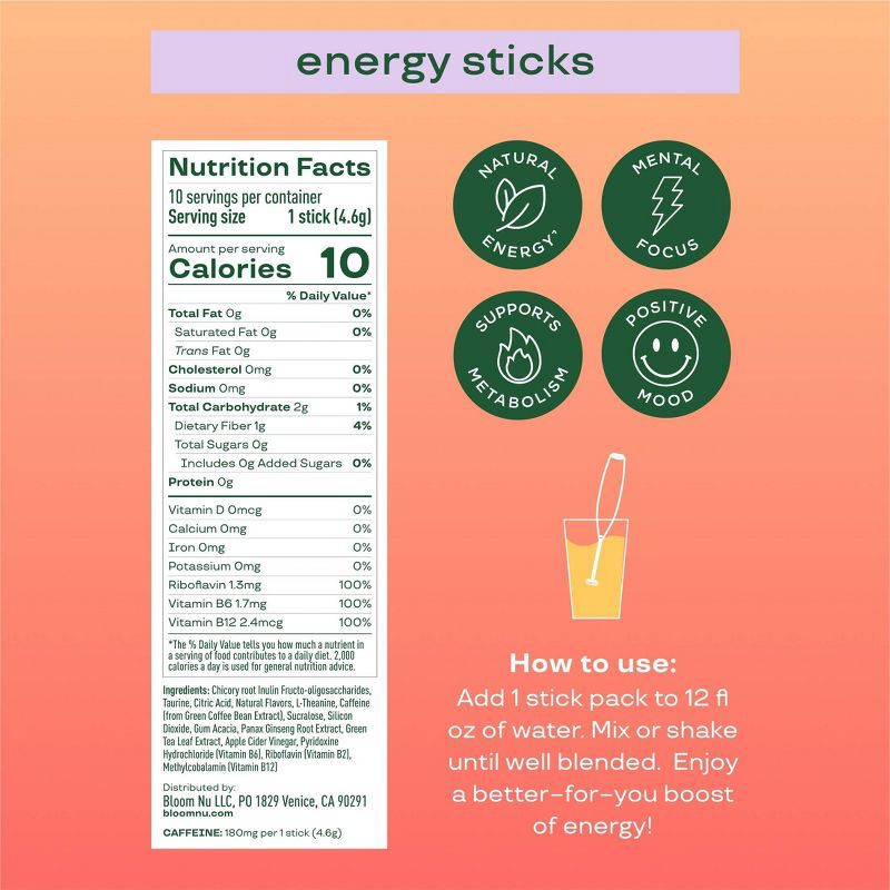 slide 4 of 4, BLOOM NUTRITION Natural Energy Stick Packs - Peach Mango - 10pk, 10 ct
