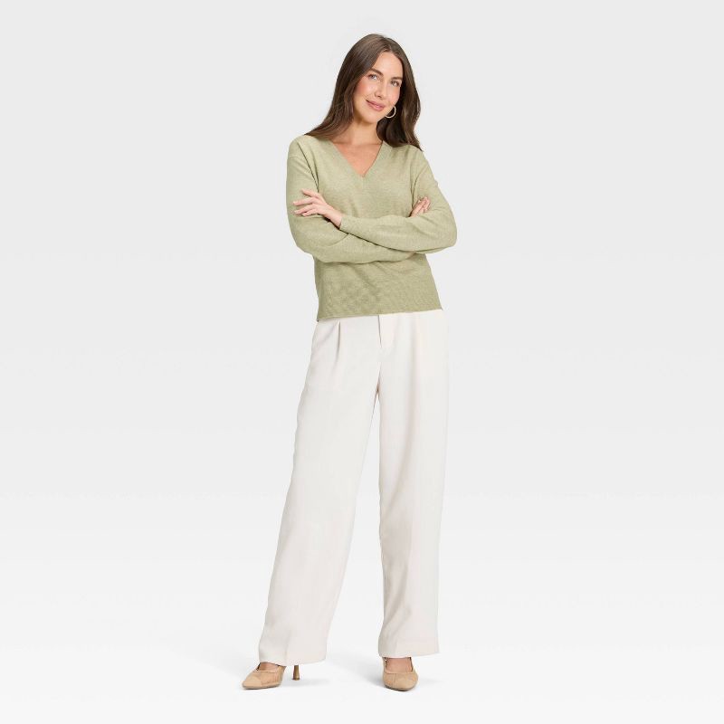 slide 3 of 3, Women's Cozy Knit Relaxed V-Neck Pullover Sweater - A New Day™ Light Green XS, 1 ct