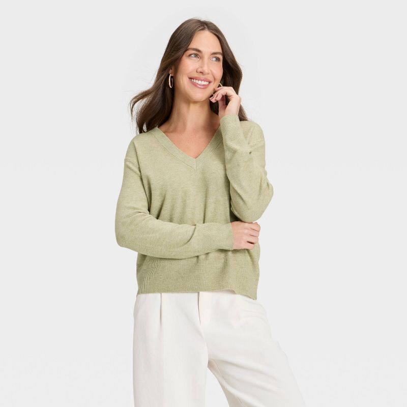 slide 1 of 3, Women's Cozy Knit Relaxed V-Neck Pullover Sweater - A New Day™ Light Green XS, 1 ct