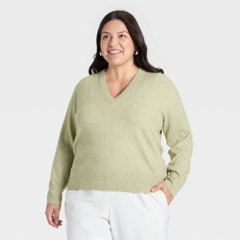 slide 1 of 3, Women's Cozy Knit Relaxed V-Neck Pullover Sweater - A New Day™ Light Green XXL, 1 ct