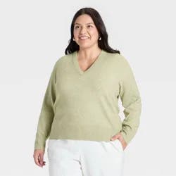 Women's Long Sleeve Cozy Knit Relaxed V-Neck Pullover Sweater - A New Day™ Light Green XXL
