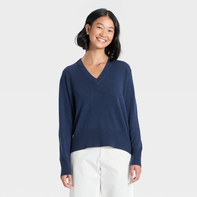 slide 1 of 3, Women's Cozy Knit Relaxed V-Neck Pullover Sweater - A New Day™ Navy M, 1 ct