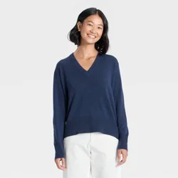 Women's Long Sleeve Cozy Knit Relaxed V-Neck Pullover Sweater - A New Day™ Navy L