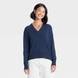 Women's Long Sleeve Cozy Knit Relaxed V-Neck Pullover Sweater - A New Day™ Navy XL