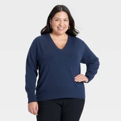 Women's Long Sleeve Cozy Knit Relaxed V-Neck Pullover Sweater - A New Day™ Navy XXL