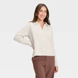 Women's Long Sleeve Polo Collar Cozy Knit Polo Sweater - A New Day™ Oatmeal L