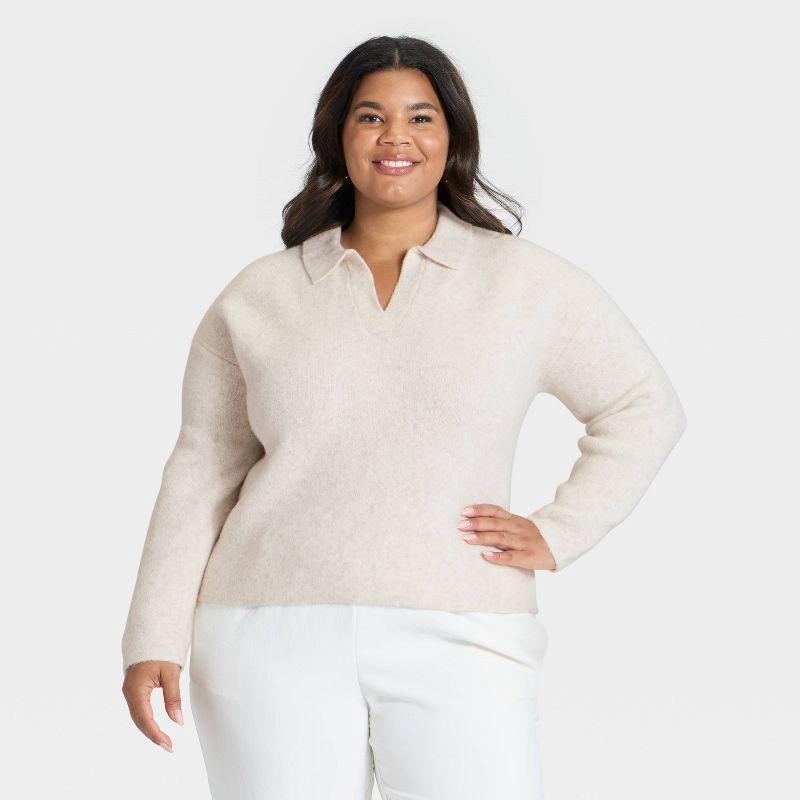 slide 1 of 3, Women's Cozy Knit Polo Sweater - A New Day™ Oatmeal XXL, 1 ct