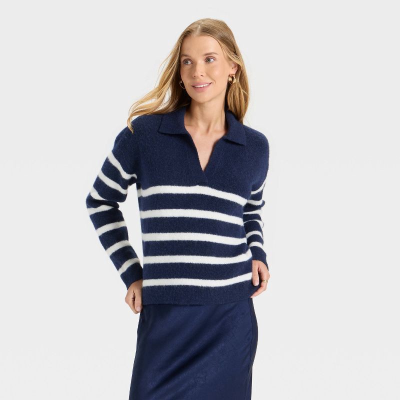 slide 1 of 3, Women's Cozy Knit Polo Sweater - A New Day™ Navy Striped XS, 1 ct