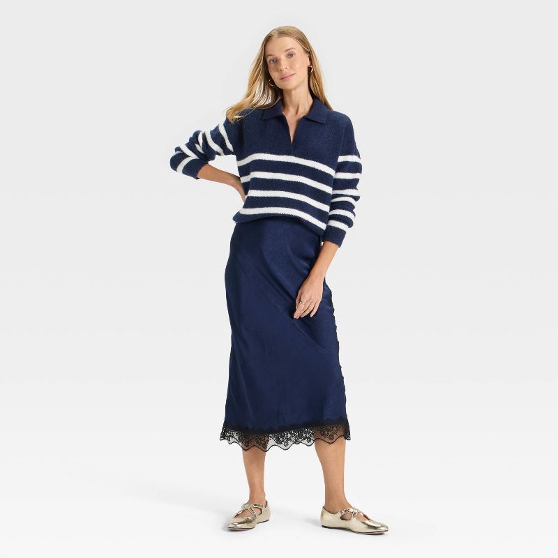 slide 3 of 3, Women's Cozy Knit Polo Sweater - A New Day™ Navy Striped XL, 1 ct