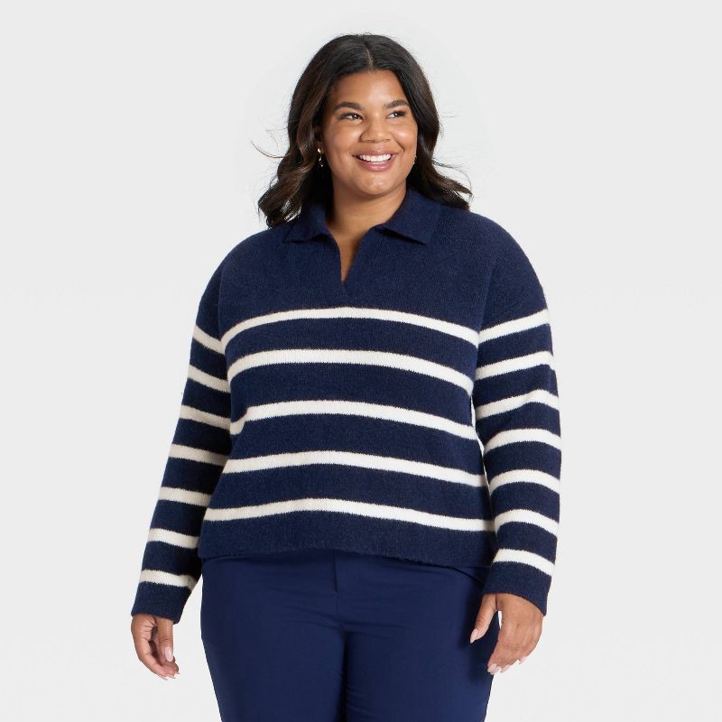 slide 1 of 3, Women's Cozy Knit Polo Sweater - A New Day™ Navy Striped XXL, 1 ct