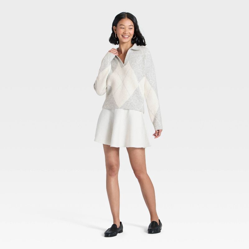 slide 3 of 3, Women's Cozy Knit Polo Sweater - A New Day™ Gray/Cream Argyle M, 1 ct