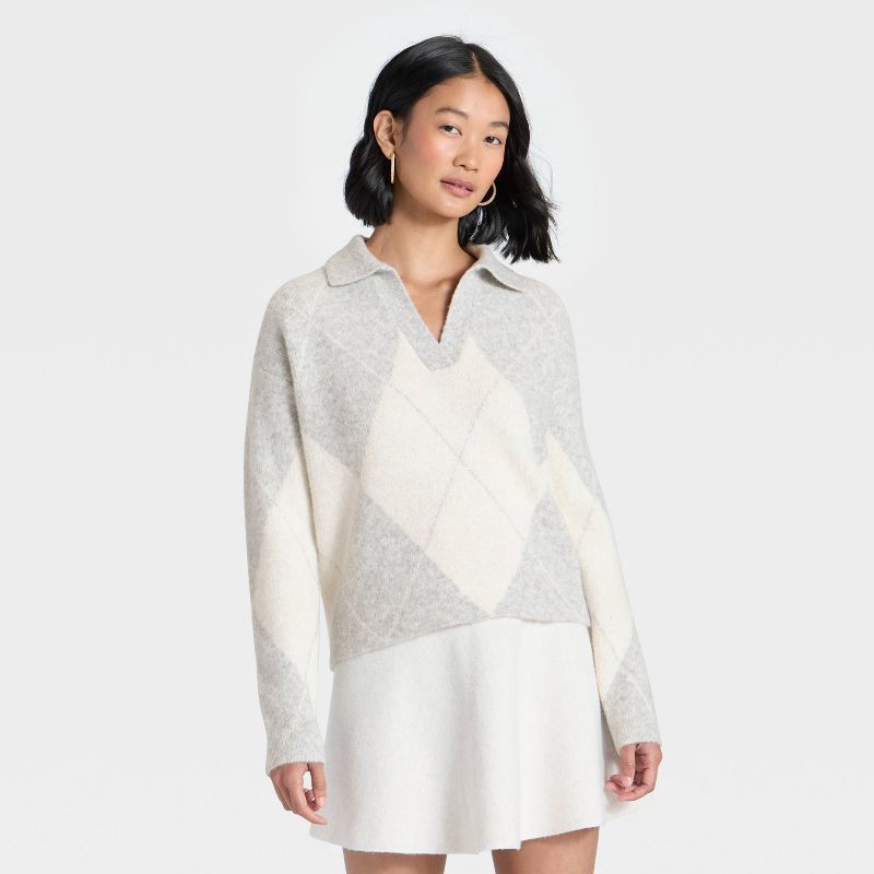 slide 1 of 3, Women's Cozy Knit Polo Sweater - A New Day™ Gray/Cream Argyle XL, 1 ct