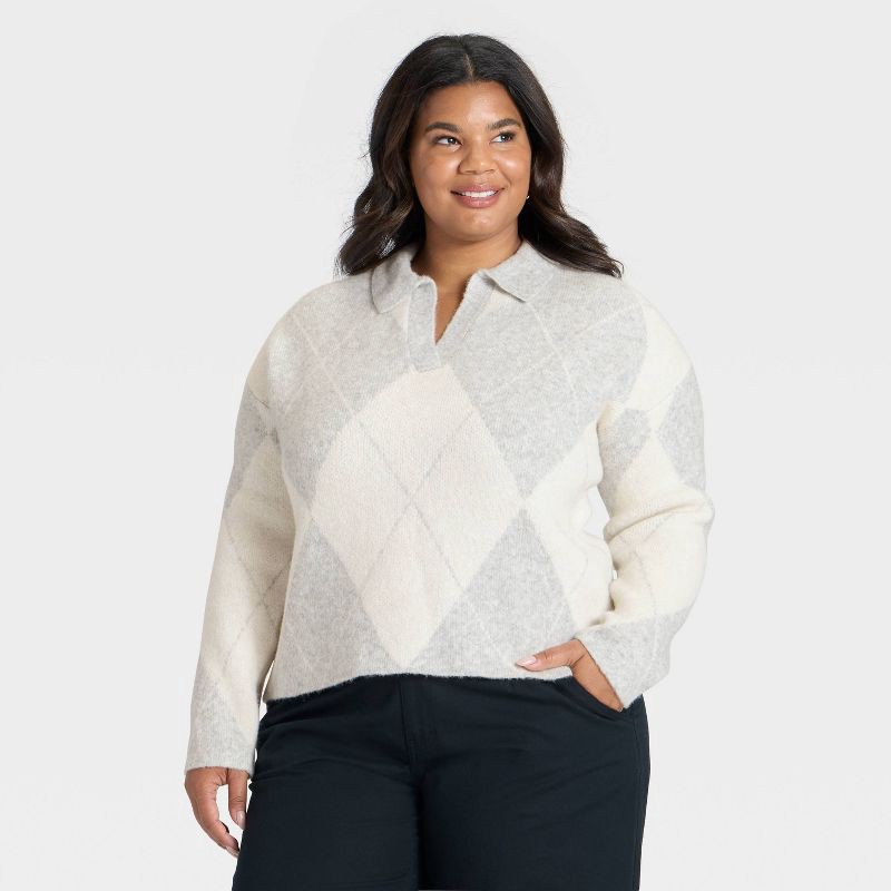 slide 1 of 3, Women's Cozy Knit Polo Sweater - A New Day™ Gray/Cream Argyle XXL, 1 ct