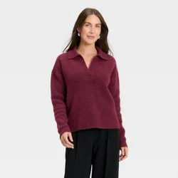 Women's Long Sleeve Polo Collar Cozy Knit Polo Sweater - A New Day™ Burgundy XL