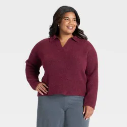 Women's Long Sleeve Polo Collar Cozy Knit Polo Sweater - A New Day™ Burgundy XXL