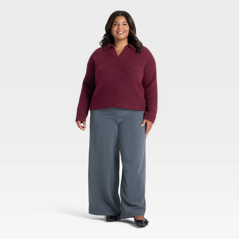 slide 3 of 3, Women's Long Sleeve Polo Collar Cozy Knit Polo Sweater - A New Day™ Burgundy 1X, 1 ct