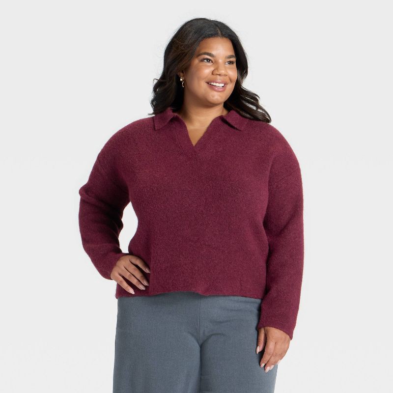 slide 1 of 3, Women's Long Sleeve Polo Collar Cozy Knit Polo Sweater - A New Day™ Burgundy 1X, 1 ct