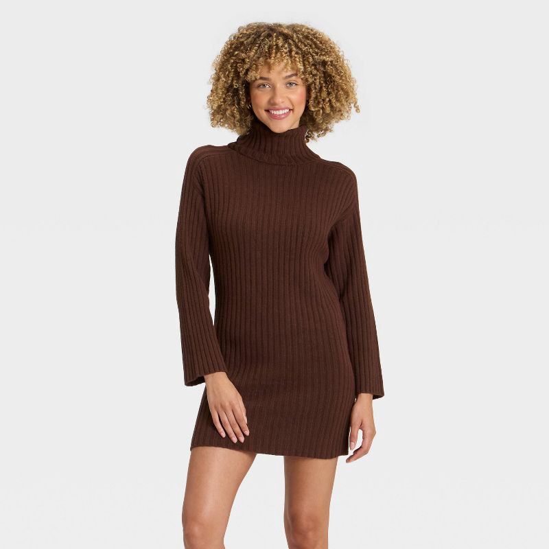 slide 1 of 3, Women's Mini Sweater Dress - A New Day™ Brown L, 1 ct