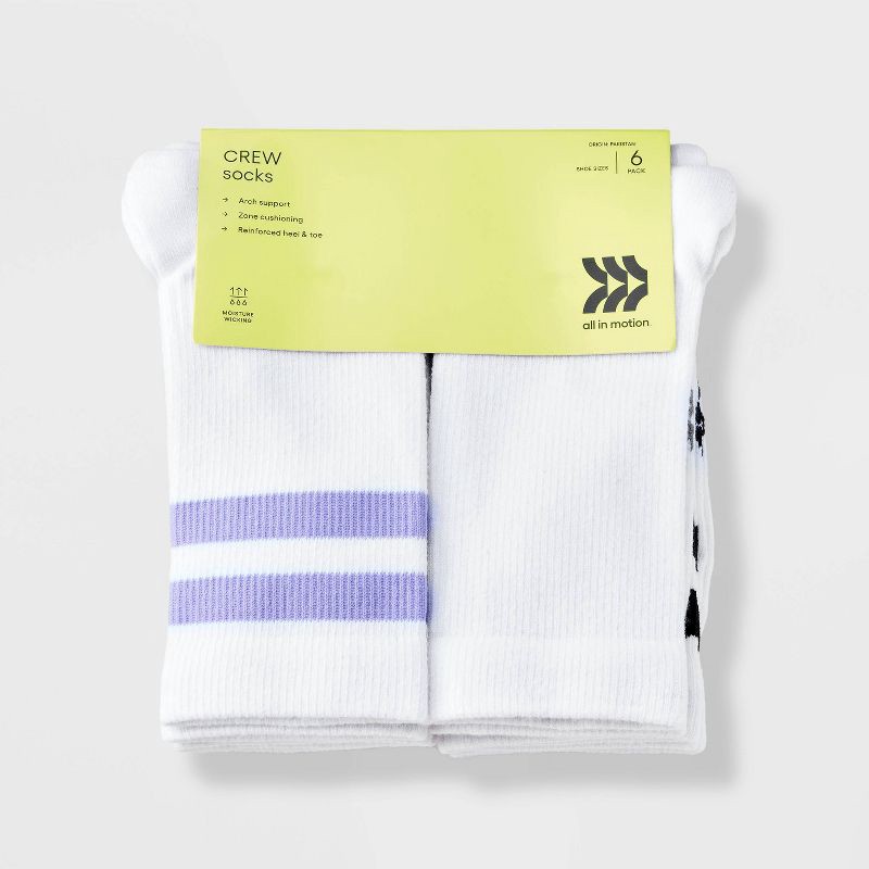 slide 2 of 3, Girls' 6pk Striped Crew Socks - All In Motion™ White L, 6 ct