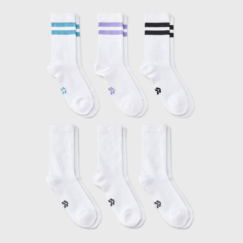 slide 1 of 3, Girls' 6pk Striped Crew Socks - All In Motion™ White L, 6 ct