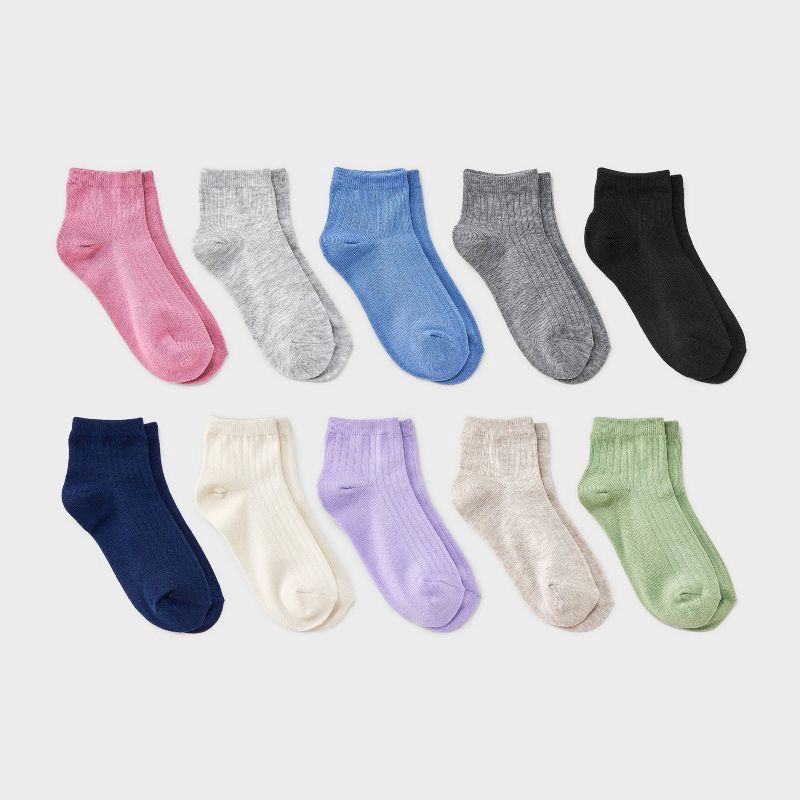 slide 1 of 3, Girls' 10pk Lightweight Ribbed Ankle Socks - Cat & Jack™ M, 10 ct