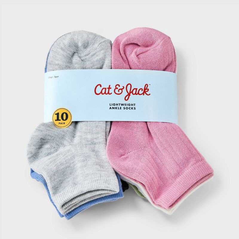 slide 2 of 3, Girls' 10pk Lightweight Ribbed Ankle Socks - Cat & Jack™ L, 10 ct