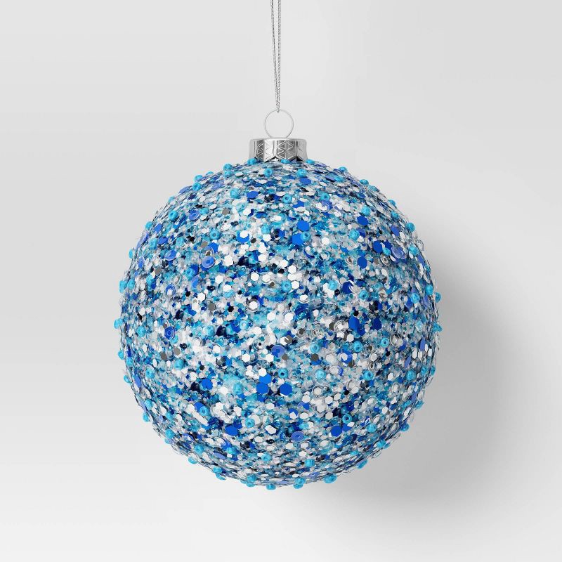 slide 1 of 3, 4" Christmas Chunkey Glitter Ball Ornament Dark Blue - Wondershop™, 1 ct