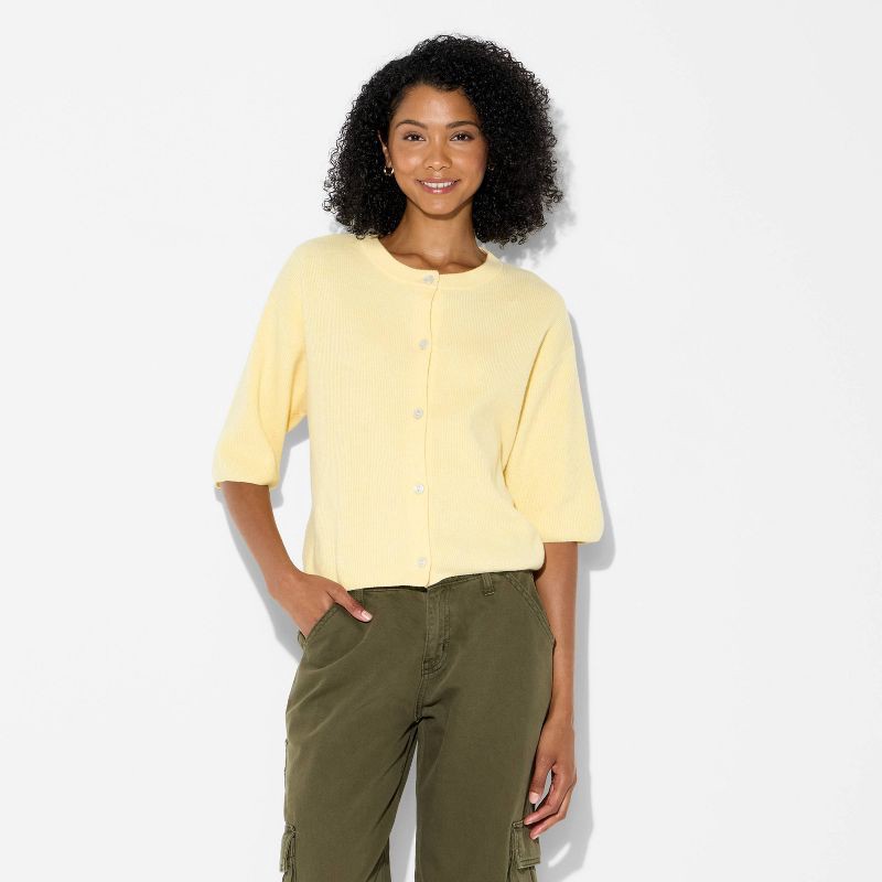 slide 2 of 3, Women's Crewneck Cardigan - Wild Fable™ Yellow L, 1 ct